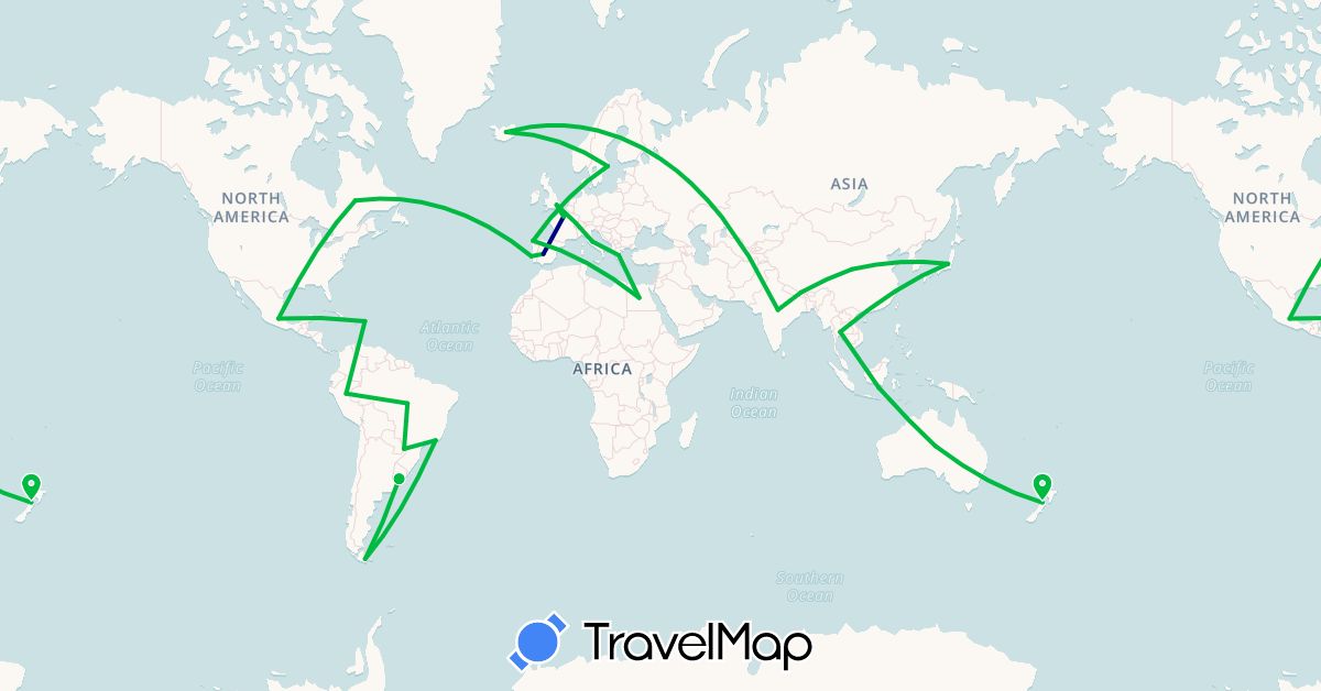 TravelMap itinerary: driving, bus in Argentina, Australia, Brazil, Canada, China, Dominican Republic, Egypt, Spain, France, United Kingdom, Greece, Indonesia, India, Iceland, Italy, Japan, Mexico, Nepal, New Zealand, Peru, Portugal, Sweden, Thailand, Uruguay (Africa, Asia, Europe, North America, Oceania, South America)